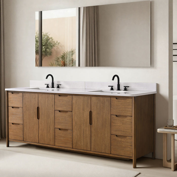 Vanity Art 84" Freestanding Bathroom Vanity with Integrated Finger Pull Doors and Engineered Stone Top - HomeBeyond