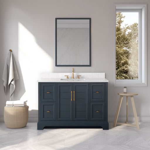 Vannes 48 inch vintage spruce blue bathroom vanity with gold faucet and mirror in bright modern bathroom setting