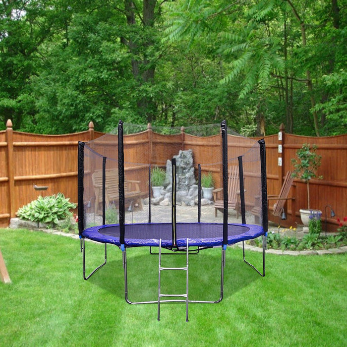 12 FT Round Kids Trampoline Combo Jumping Safety Enclosure Net with Jumping Mat Spring Pad Wind Stakes Including Ladder - BIG12 - HomeBeyond