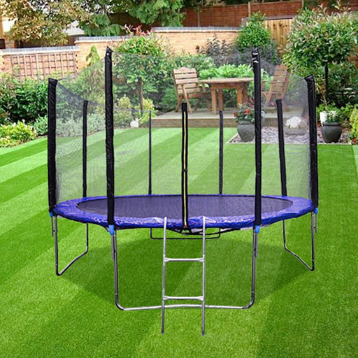 12 FT Round Kids Trampoline Combo Jumping Safety Enclosure Net with Jumping Mat Spring Pad Wind Stakes Including Ladder - BIG12 - HomeBeyond
