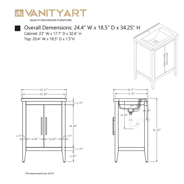 24" Single Sink Bathroom Vanity Cabinet with Ceramic Top - HomeBeyond