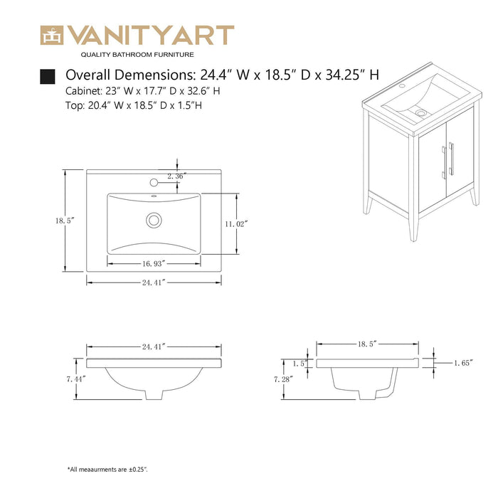 24" Single Sink Bathroom Vanity Cabinet with Ceramic Top - HomeBeyond