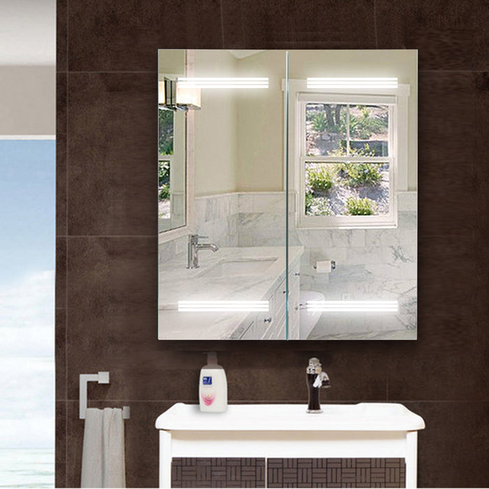 26" x 25" Frameless LED Lighted Bathroom Vanity Wall Mirror with Wooden Medicine Cabinet - HomeBeyond