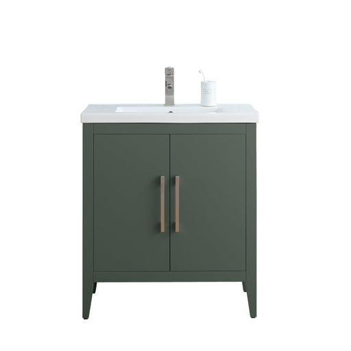 30-inch green bathroom vanity front view with brushed nickel handles and faucet, white ceramic sink top, two-door cabinet