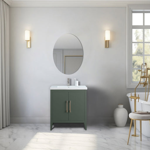 30-inch forest green bathroom vanity with rose gold handles, white ceramic top, oval frameless mirror in gray marble bathroom