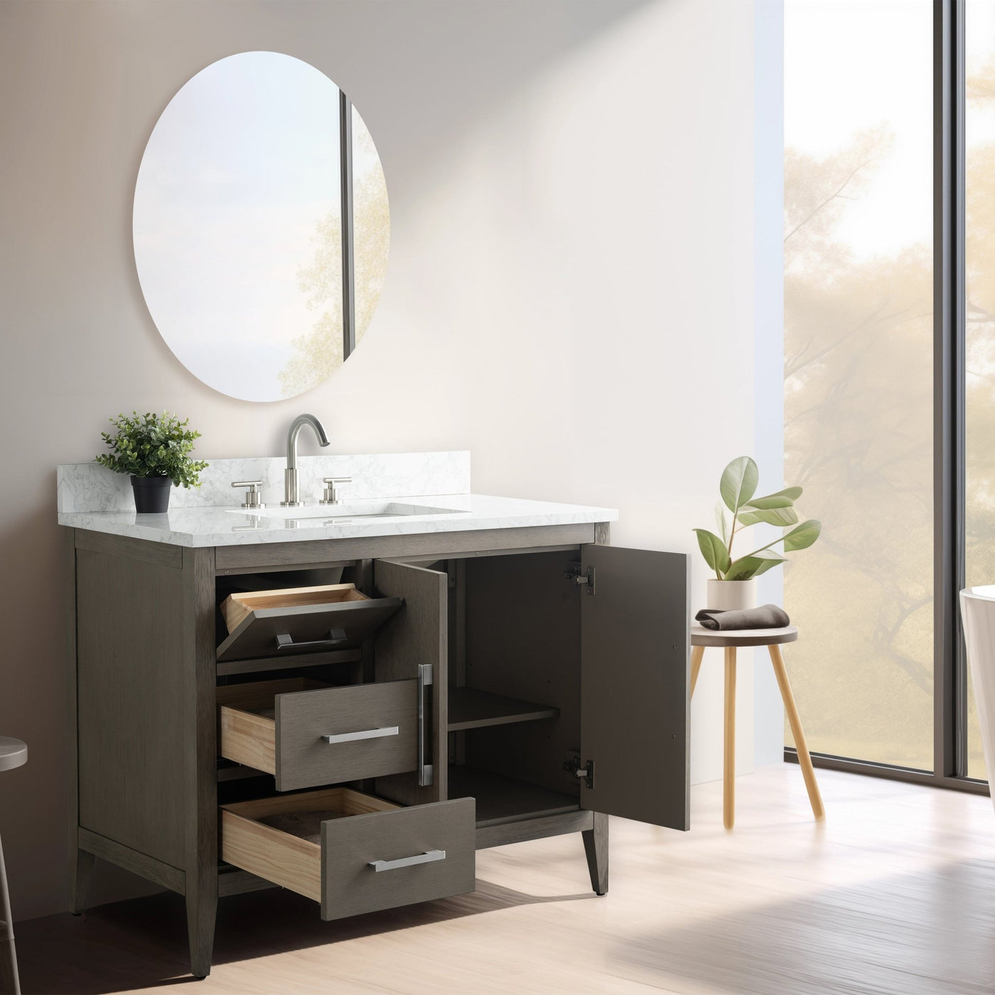42” Single Sink Bathroom Vanity Cabinet with Engineered Marble Top ...