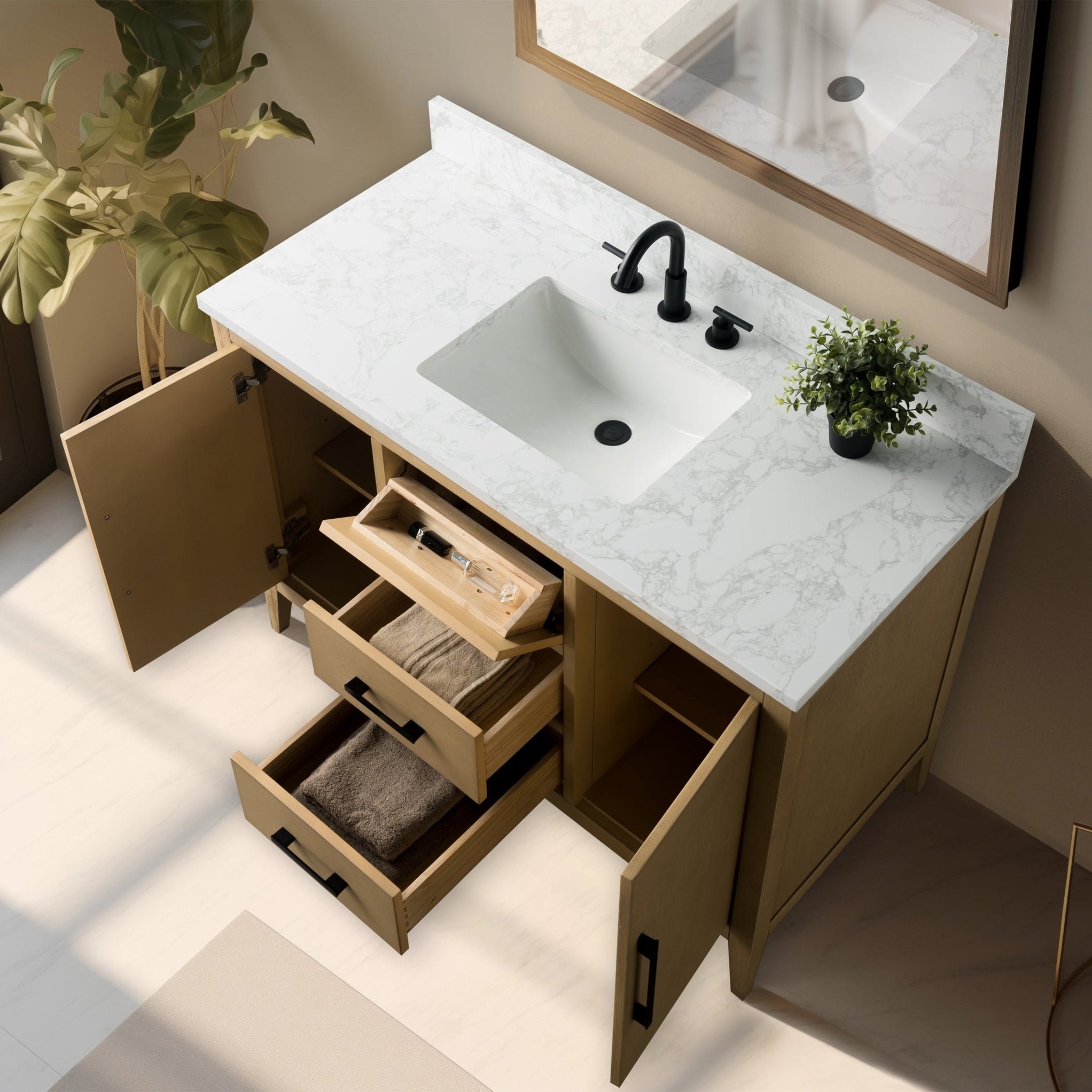 48” Single Sink Bathroom Vanity Cabinet with Engineered Marble Top ...