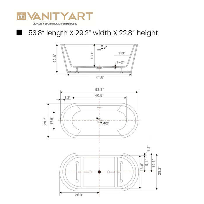 54" X 29" Non-Slip White Acrylic Freestanding Soaking Bathtub with Air Bath Option Available - HomeBeyond