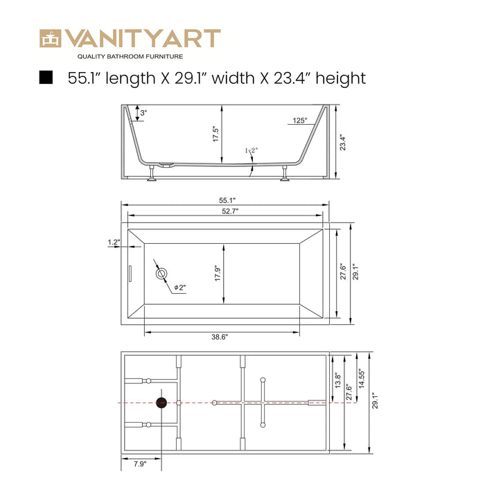 55" or 47" Freestanding Acrylic Bathtub - HomeBeyond