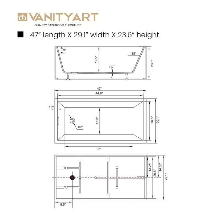 55" or 47" Freestanding Acrylic Bathtub - HomeBeyond