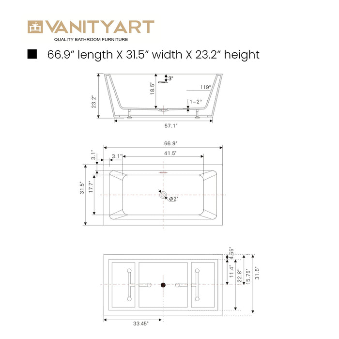 59" or 66.9" Freestanding White Acrylic Bathtub - HomeBeyond