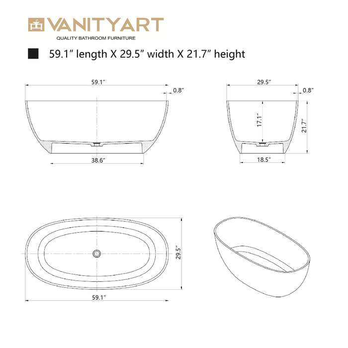 59" or 67” Oval Shaped Stone Resin Freestanding Bathtub, with Overflow and Integrated Pop Up Drain - HomeBeyond