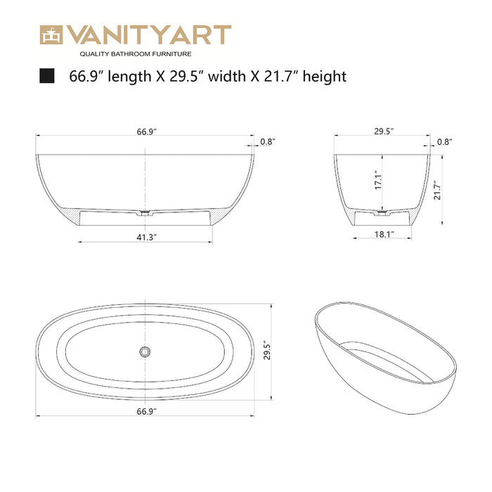 59" or 67” Oval Shaped Stone Resin Freestanding Bathtub, with Overflow and Integrated Pop Up Drain - HomeBeyond