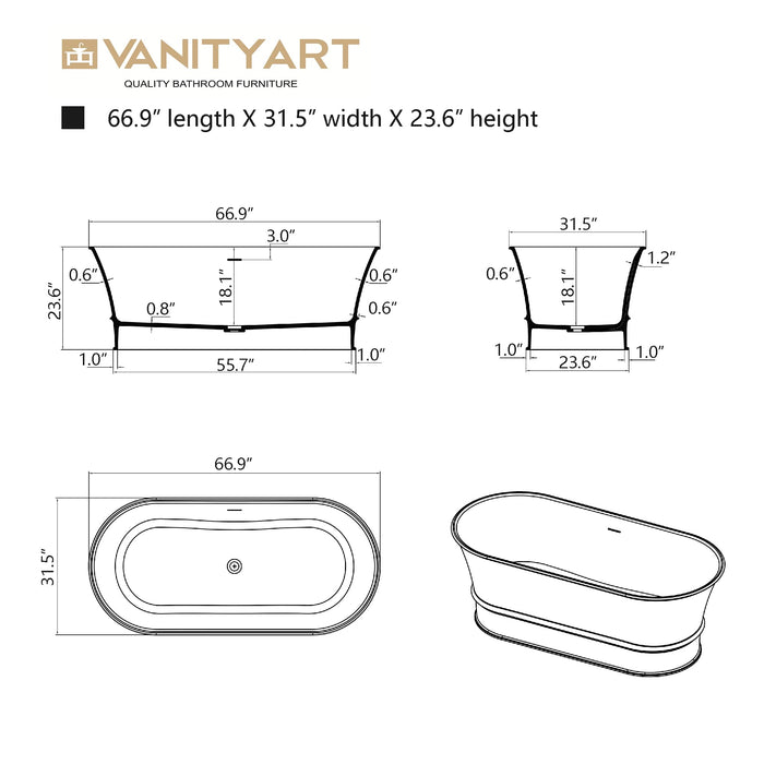 59" or 67” Stone Resin Oval Shape Freestanding Bathtub, with Overflow and Pop Up Drain - HomeBeyond