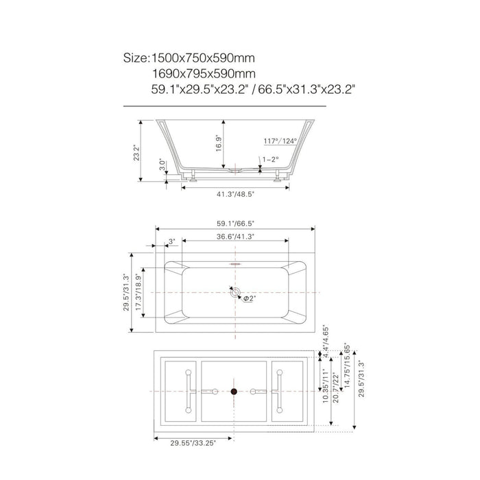 59" X 30" White Acrylic Freestanding Bathtub with Air Bubble System - HomeBeyond