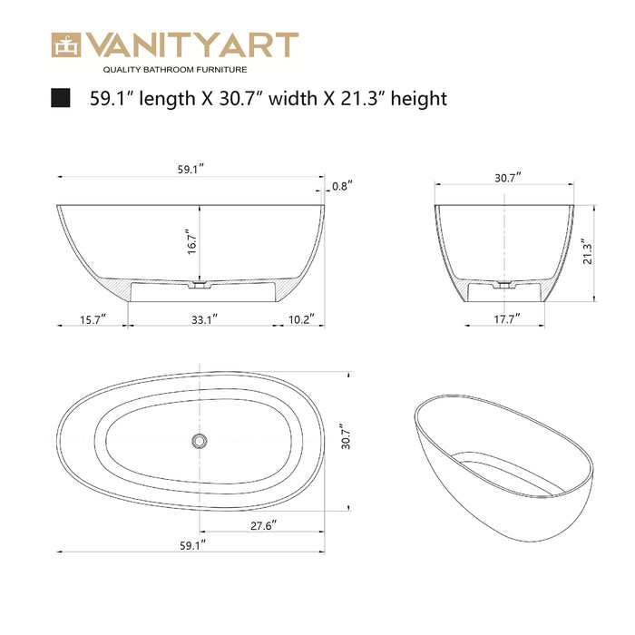 59" x 31” Oval Shaped Stone Resin Freestanding Bathtub, with Overflow and Integrated Pop Up Drain - HomeBeyond