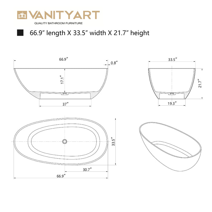 59" x 31” Oval Shaped Stone Resin Freestanding Bathtub, with Overflow and Integrated Pop Up Drain - HomeBeyond