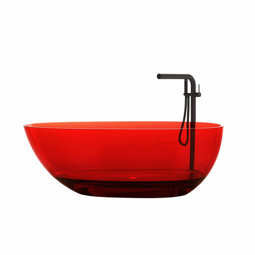 Red transparent oval freestanding bathtub with matte black freestanding faucet on white background side view