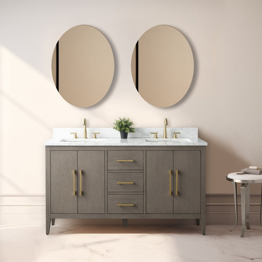 HomeBeyond 60-inch double sink bathroom vanity in gray oak with gold hardware, round tinted mirrors, and white marble countertop