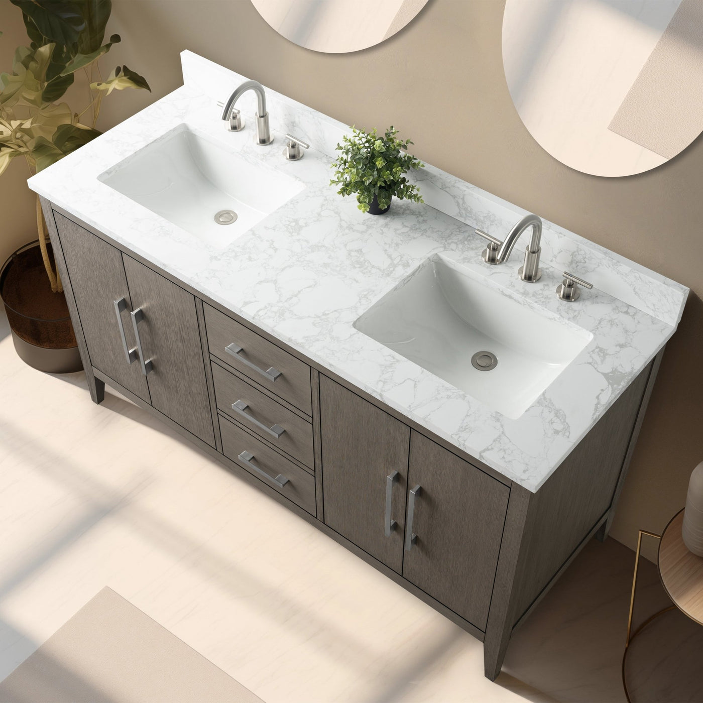 60” Double Sink Bathroom Vanity Cabinet with Engineered Marble Top ...