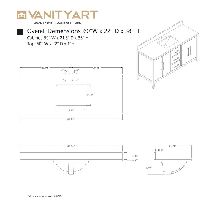 60” Single Sink Bathroom Vanity Cabinet with Engineered Marble Top - HomeBeyond