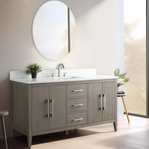 60-inch gray oak single sink bathroom vanity with marble top, brushed nickel hardware, round mirror, bright window
