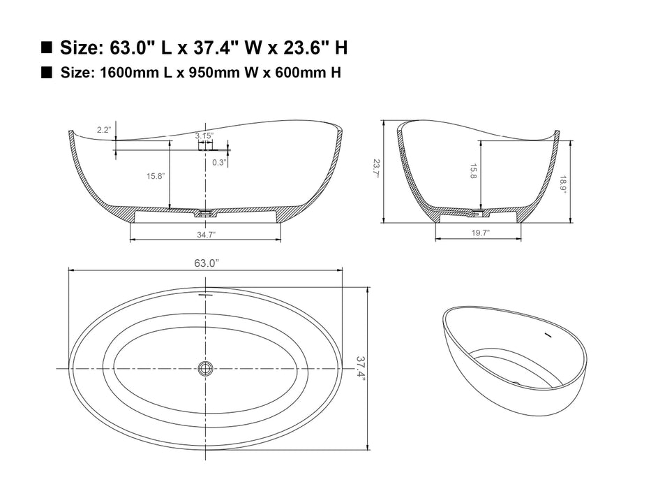 63” X 37” White Stone Freestanding Bathtub - HomeBeyond