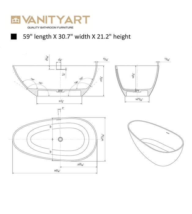 67" or 59" Flatbottom Freestanding Solid Surface Resin Stone Bathtub - HomeBeyond