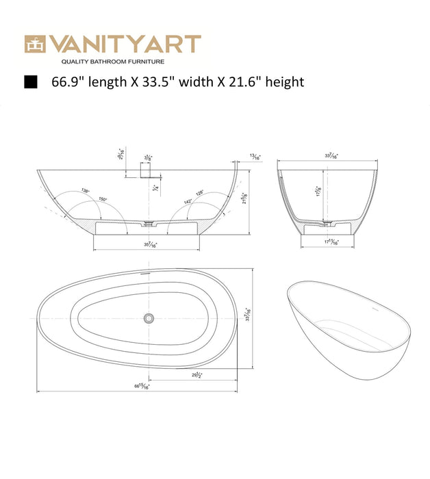 67" or 59" Flatbottom Freestanding Solid Surface Resin Stone Bathtub - HomeBeyond