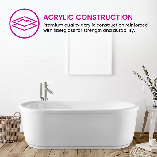 White freestanding acrylic soaking tub with chrome faucet in bright minimalist bathroom with wood floor