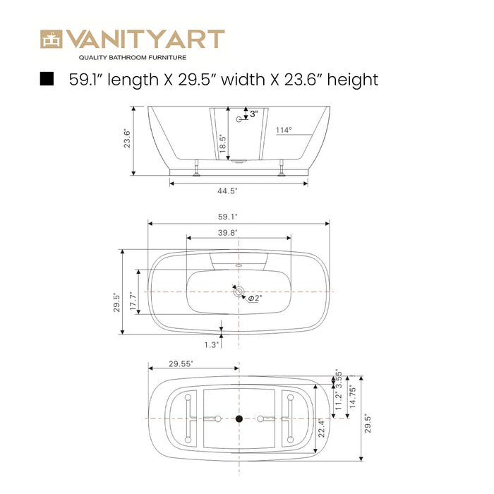 67" or 59" Inches Freestanding White Acrylic Bathtub - HomeBeyond