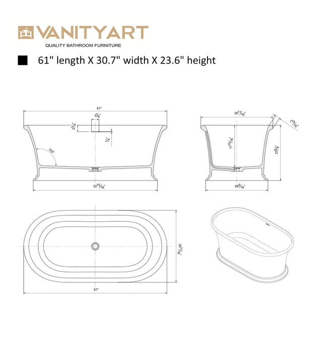 67" or 61" Flatbottom Freestanding Solid Surface Resin Stone Bathtub - HomeBeyond