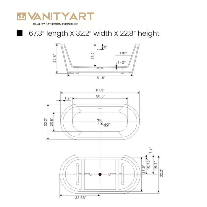 67" X 32" Freestanding Acrylic Bathtub Contemporary Design Soaking Tub - HomeBeyond