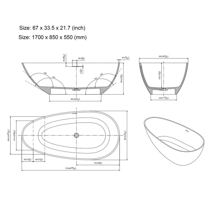 67" x 33.5" Freestanding Solid Surface Resin Stone Bathtub Soaking Tub - HomeBeyond