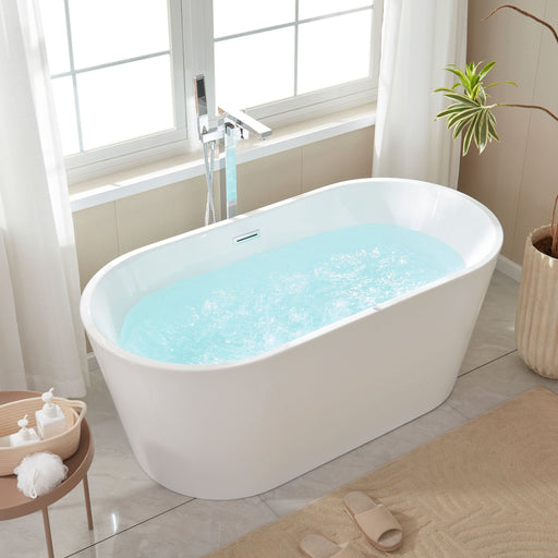 67/59/54 Inch Freestanding Acrylic Bathtub with Air Bubble System - HomeBeyond