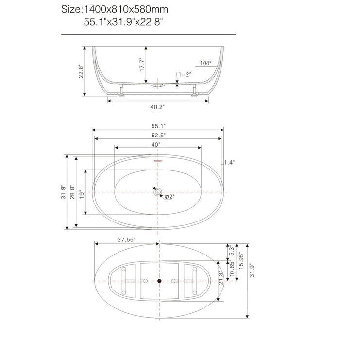 69" or 55" White Acrylic Freestanding Bathtub with Overflow and Pop-up Drain with Air Bath Option Available - HomeBeyond