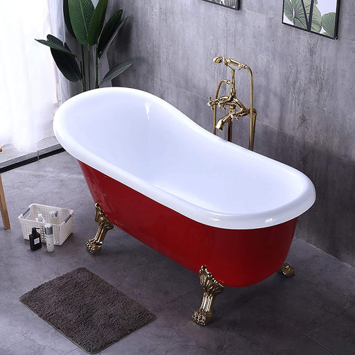 Red freestanding acrylic clawfoot bathtub with gold claw feet and gold floor faucet in modern gray bathroom