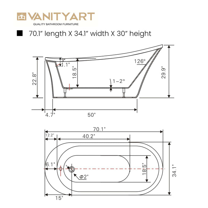 70" x 34" Acrylic Freestanding Bathtub - HomeBeyond