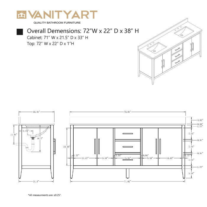 72” Double Sink Bathroom Vanity Cabinet with Engineered Marble Top - HomeBeyond