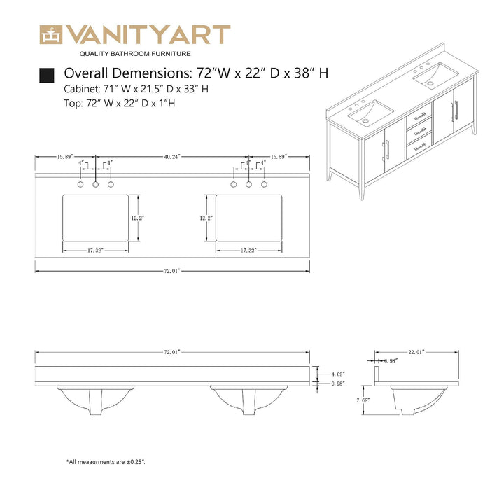 72” Double Sink Bathroom Vanity Cabinet with Engineered Marble Top - HomeBeyond