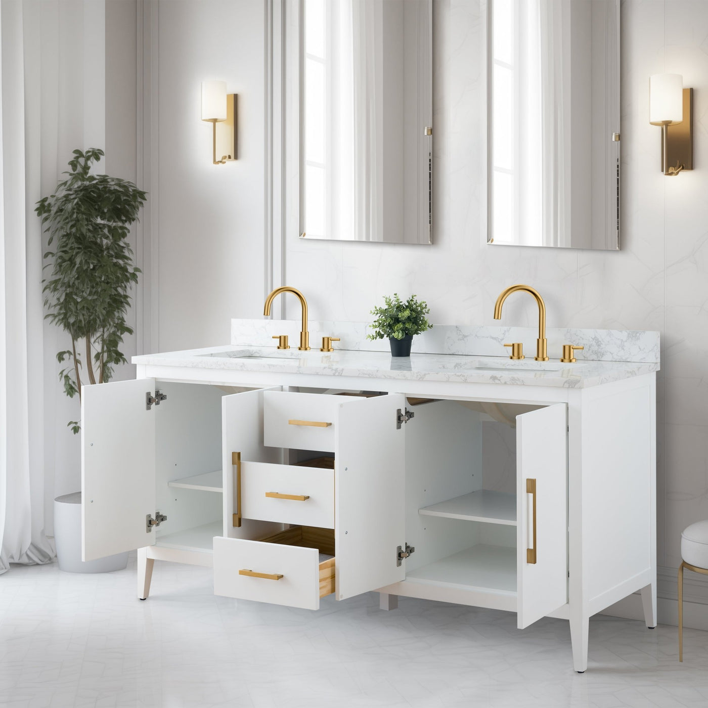 72” Double Sink Bathroom Vanity Cabinet with Engineered Marble Top ...
