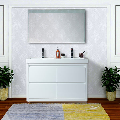 Annecy 48-inch double sink white floor-standing bathroom vanity set with mirror and potted plants