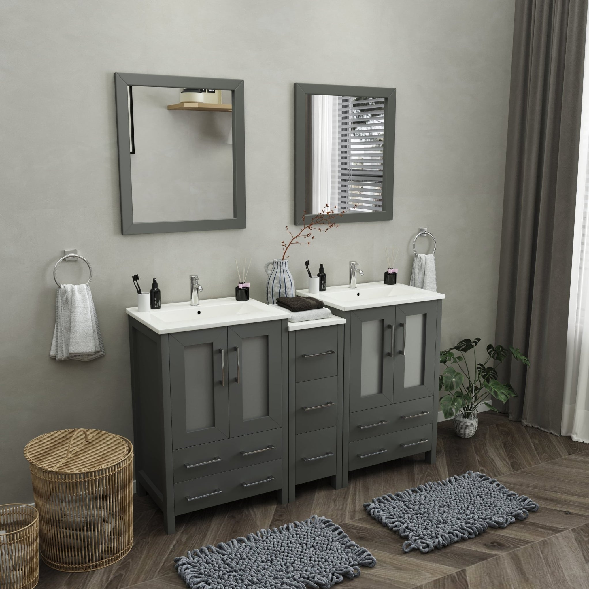 Brescia 60" Double Sink Bathroom Vanity Combo Set, 2 Shelves 7 Drawers ...