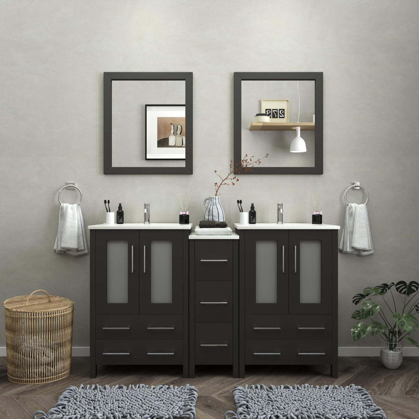 Brescia 60" Double Sink Bathroom Vanity Combo Set, 2 Shelves 7 Drawers ...