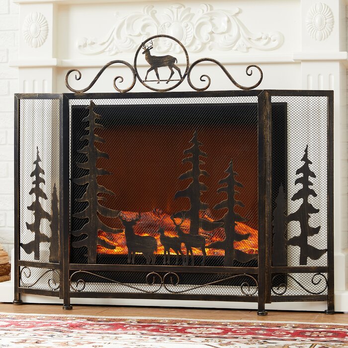 Classic Forest Deer Brush Gold Foldable 3 Panel Iron Fireplace Screen - HomeBeyond