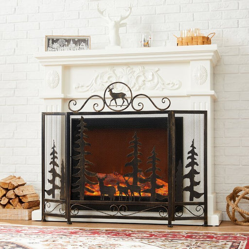 Classic Forest Deer Brush Gold Foldable 3 Panel Iron Fireplace Screen - HomeBeyond