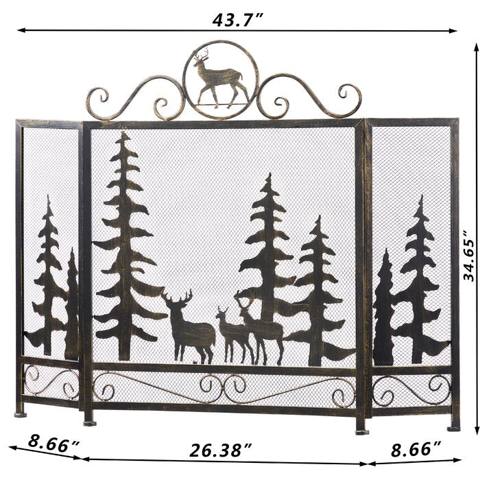 Classic Forest Deer Brush Gold Foldable 3 Panel Iron Fireplace Screen - HomeBeyond