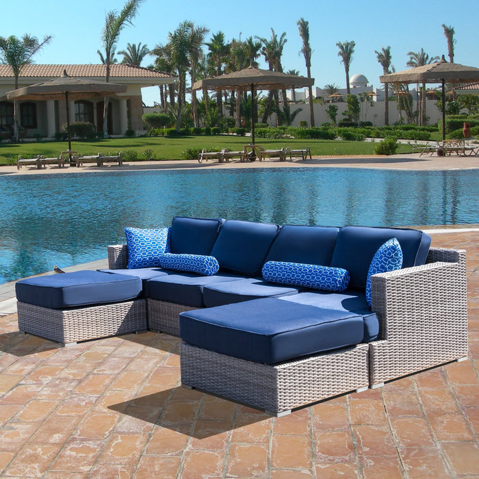 High-Density Polyethylene (HDPE) Wicker 6-Piece Fully Assembled Patio Couch Outdoor Sectional Sofa Set with Navy Blue Cushions - HomeBeyond