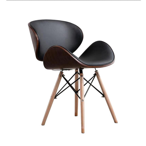 HomeBeyond black PU leather walnut accent dining chair with curved shell back and crossbrace wood legs