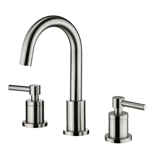 HomeBeyond VA11503 brushed nickel widespread bathroom faucet with gooseneck spout and dual lever handles, white background